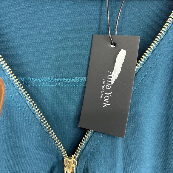 Arna York Womens Size 20 Zip Front Pullover Blouse Teal Blue Gold Tone 3/4 Sleev - Picture 6 of 10